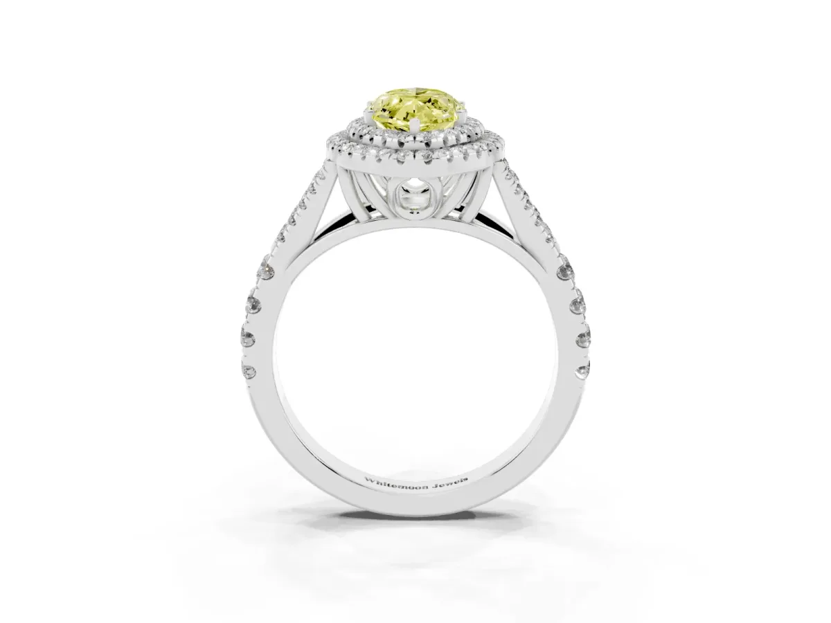 Fancy Yellow Marquise Cut Cut Double Halo Split Shank Diamond Ring with Prong Setting Silver