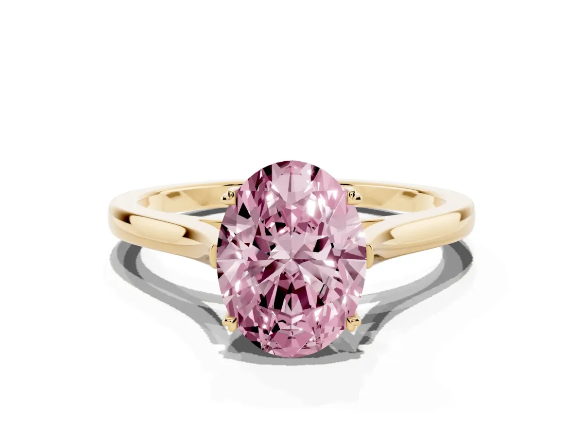 Fancy Pink Oval Cut Solitaire Heart Prong Engagement Ring with Tapered Band Yellow gold