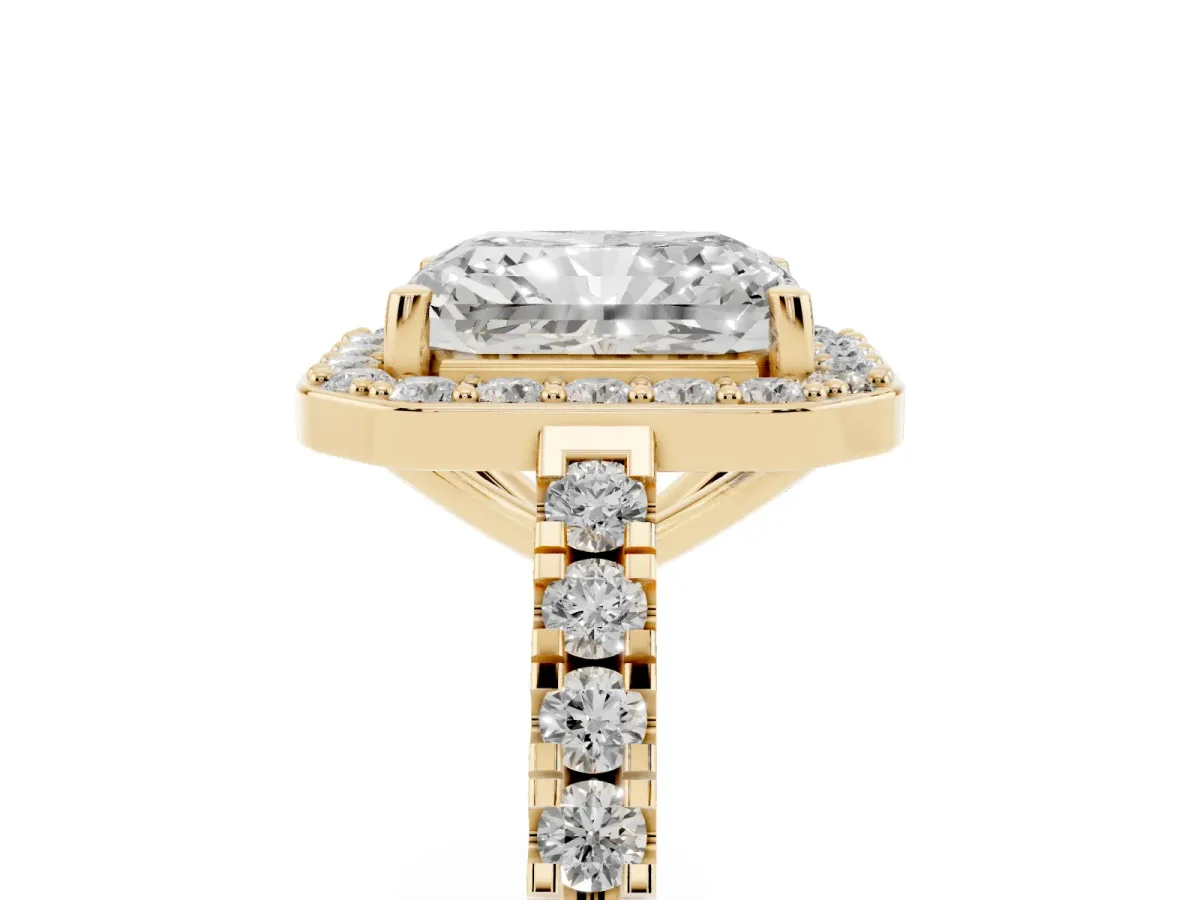 Radiant Cut Diamond Halo Ring with Round Pavé Split Shank and Prong Setting Yellow gold