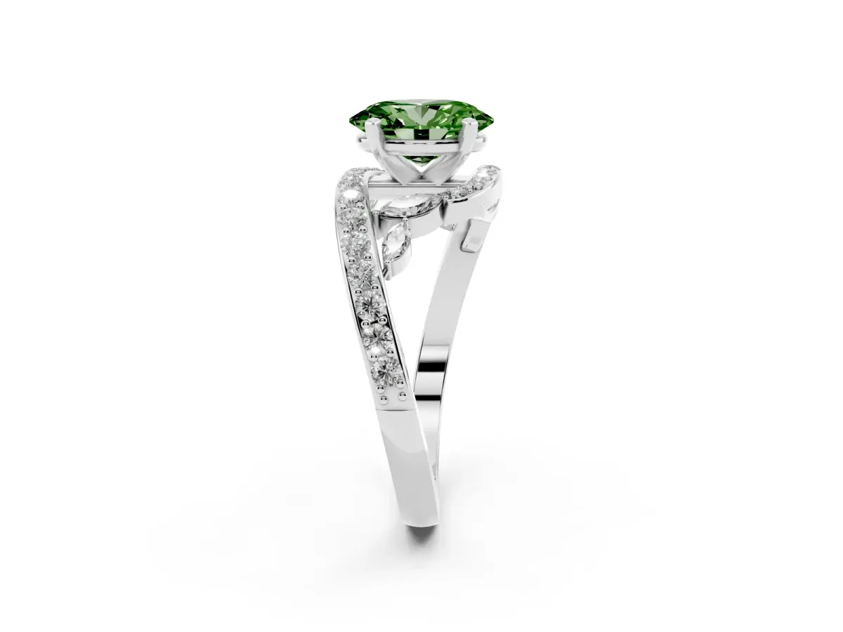 Fancy Green Oval Cut Solitaire with Pavé Twist Band and Four-Prong Setting Silver