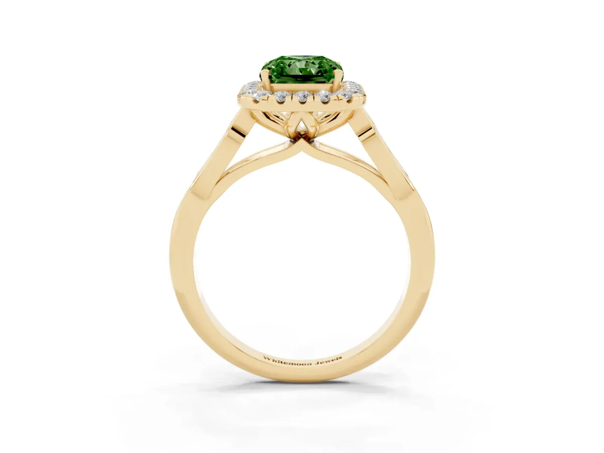 Fancy Green Radiant Cut Halo Diamond Engagement Ring with Filigree Band and Four-Prong Setting Yellow gold