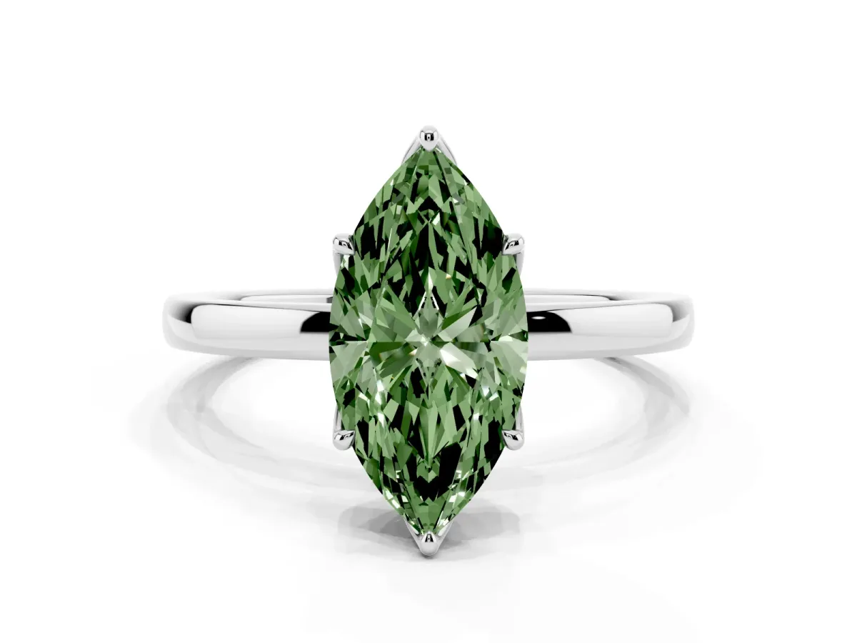 Fancy Green Marquise Cut Diamond Solitaire Ring with Thin Band and Prong Setting Silver