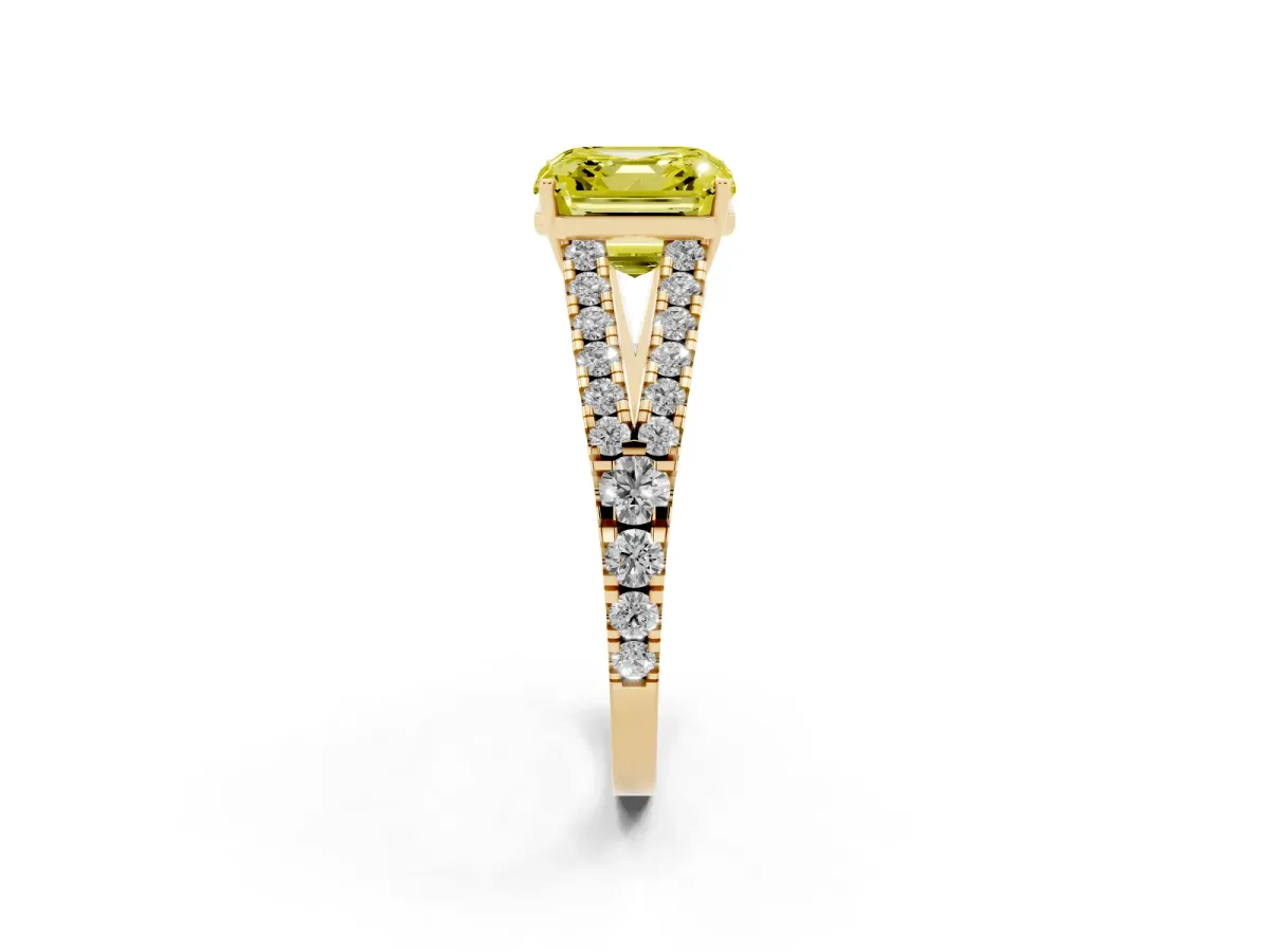 Fancy Yellow Asscher Cut Diamond Split Shank Pavé Engagement Ring with Four-Prong Setting Yellow gold