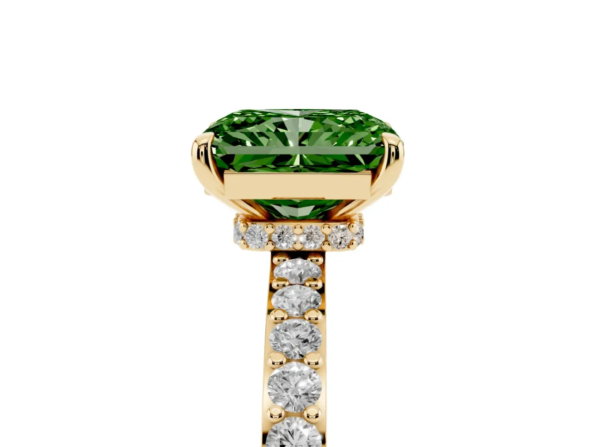 Fancy Green Radiant Cut Diamond Pavé Engagement Ring with Round Accents and Prong Setting Yellow gold