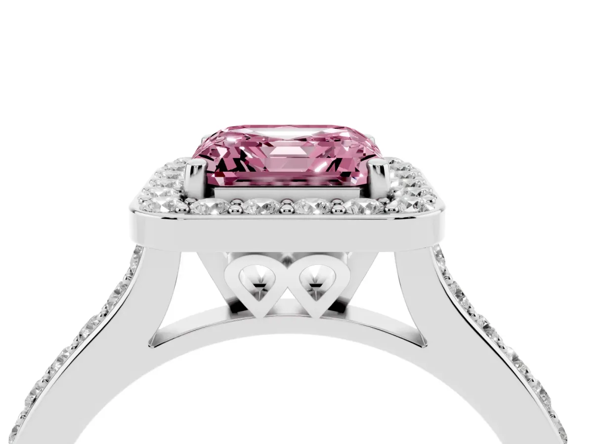 Fancy Pink Asscher Cut Diamond Halo Engagement Ring with Round Pavé Shoulders and Prong Setting White gold