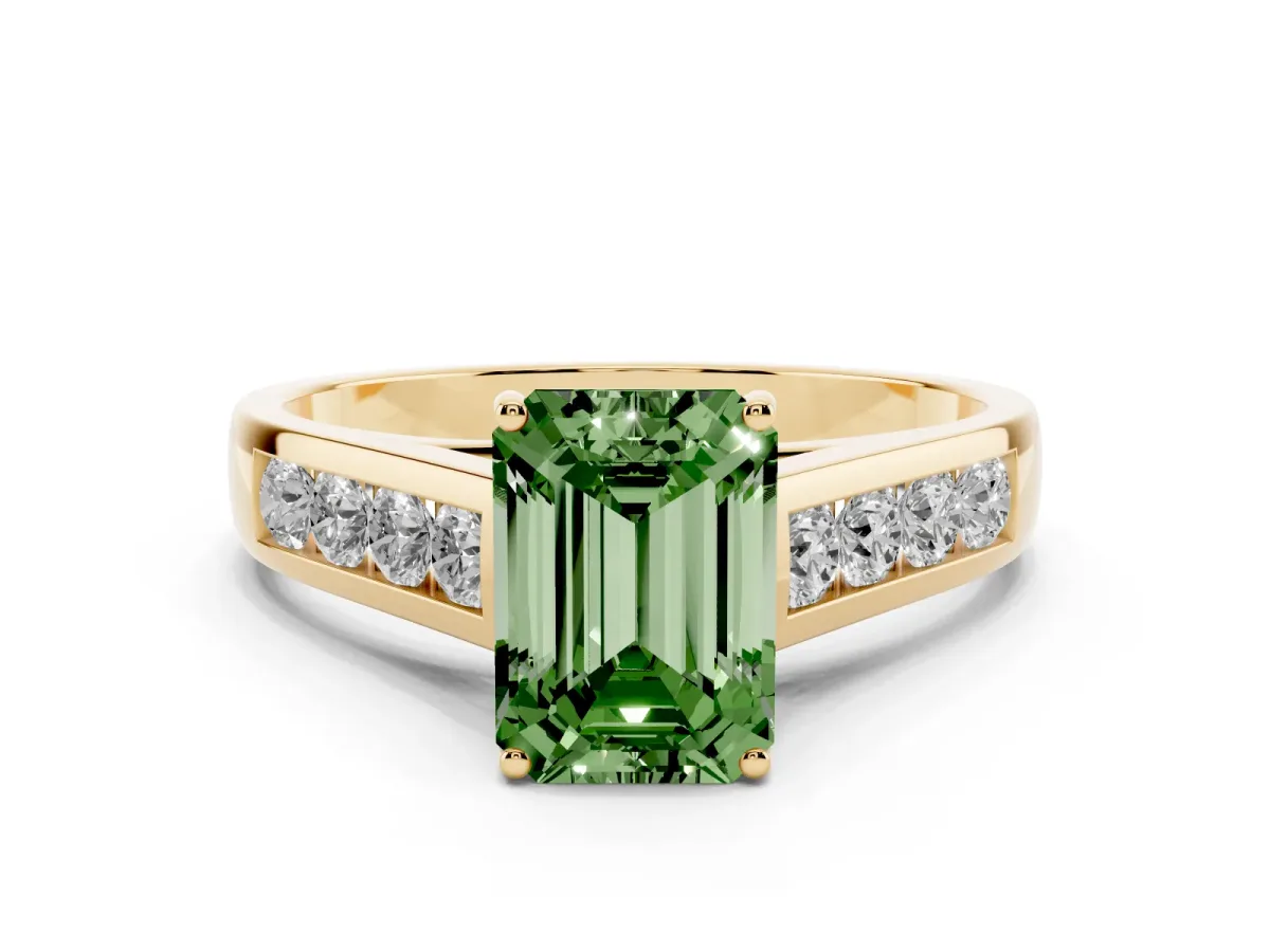 Fancy Green Emerald Cut Brilliant Channel-Set Solitaire Ring with Four-Prong Setting Yellow gold