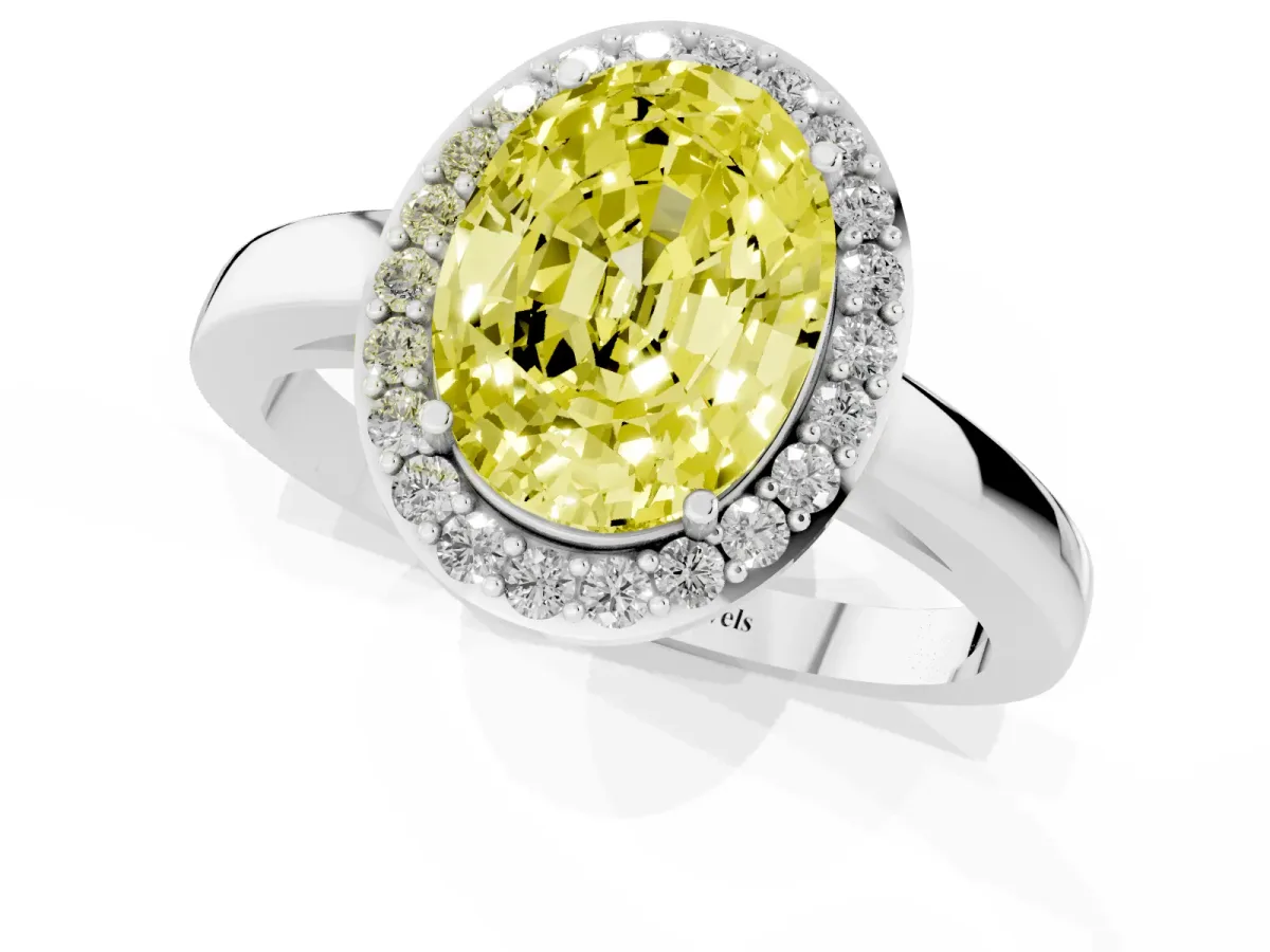 Fancy Yellow Oval Cut Halo Diamond Ring with Solitaire Band and Prong Setting Silver