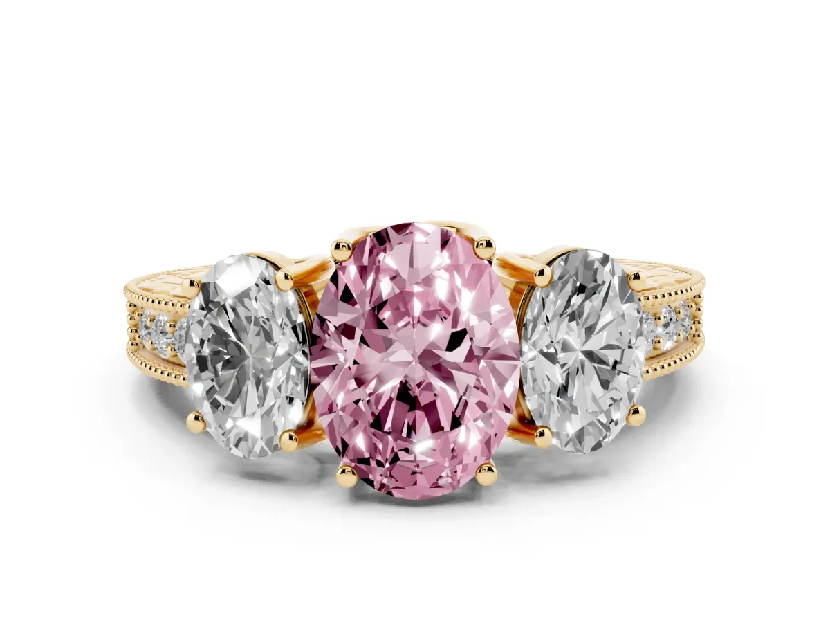 Fancy Pink Three-Stone Oval Cut Cut Milgrain Pavé Engagement Ring Yellow gold