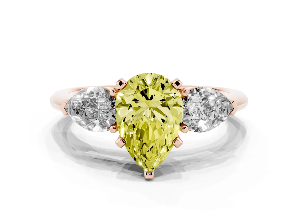 Fancy Yellow Three-Stone Pear Cut Diamond Ring with Pear Side Stones and Four-Prong Setting Rose gold