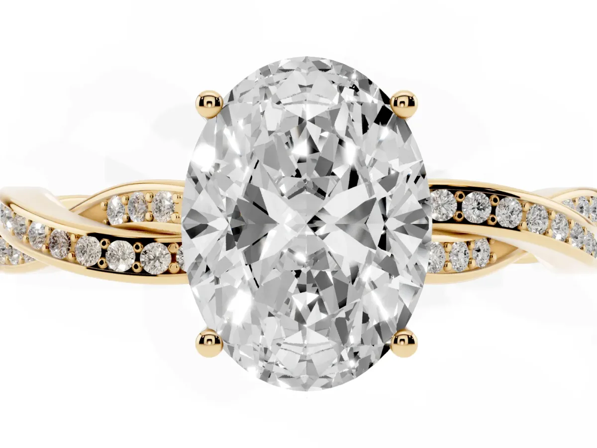 Oval Cut Solitaire Twisted Pave Diamond Ring with Four-Prong Setting Yellow gold