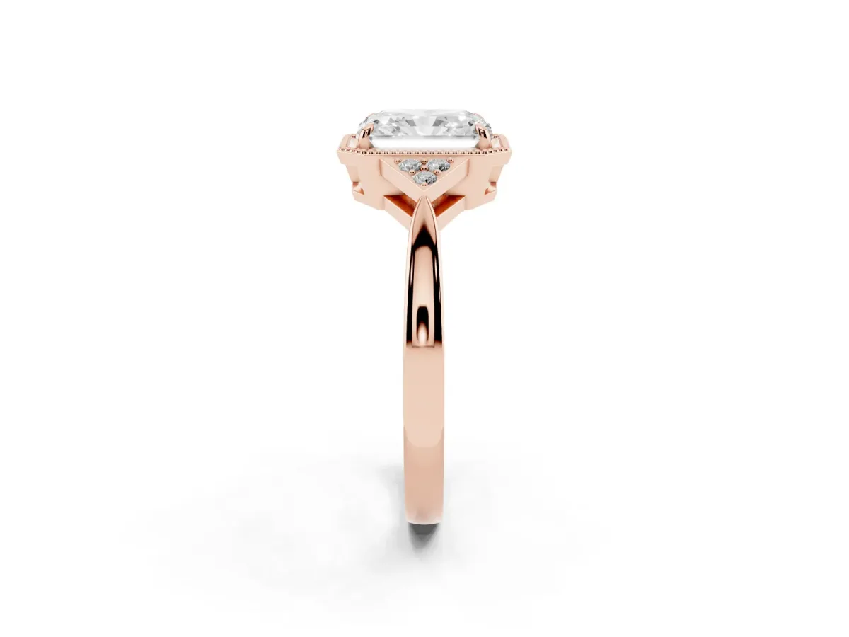 Radiant Cut Diamond Halo Ring with Tapered Band and Four-Prong Setting Rose gold