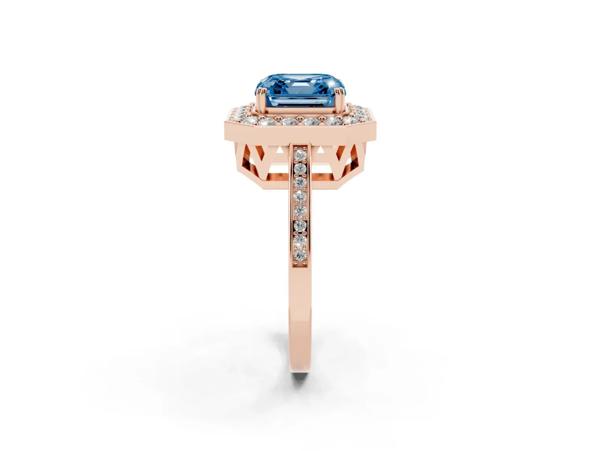 Fancy Blue Asscher Cut Diamond Halo Ring with Split Shank and Four-Prong Setting Rose gold