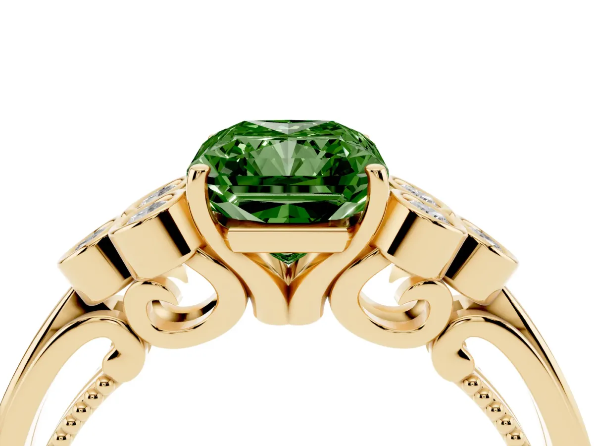 Fancy Green Radiant Cut Cut Diamond Engagement Ring with Bezel Set Round Side Stones and Prong Setting Yellow gold