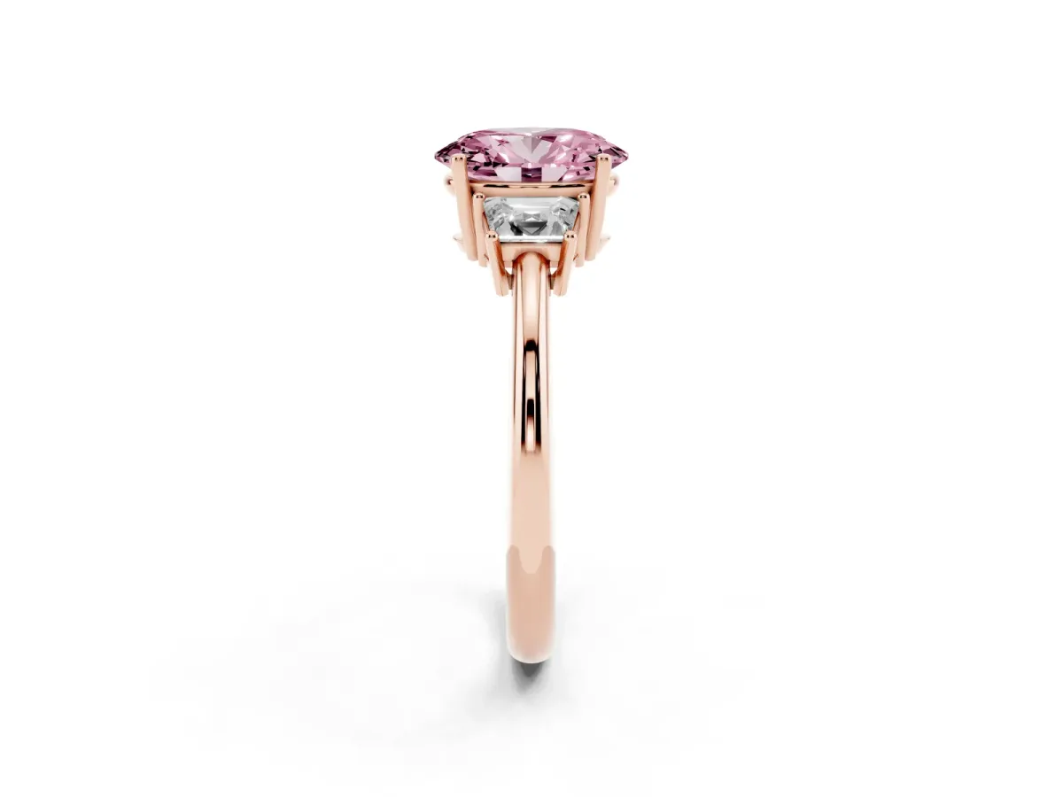 Fancy Pink Oval Cut Diamond Three-Stone Ring with Trapezoid Side Stones and Prong Setting Rose gold