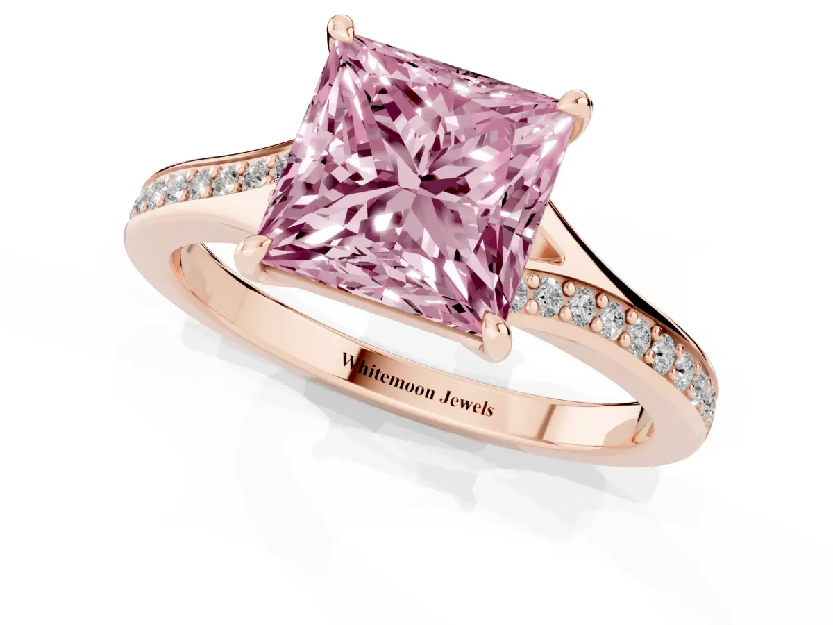 Fancy Pink Princess Cut Diamond Solitaire Ring with Pavé Band and Prong Setting Rose gold