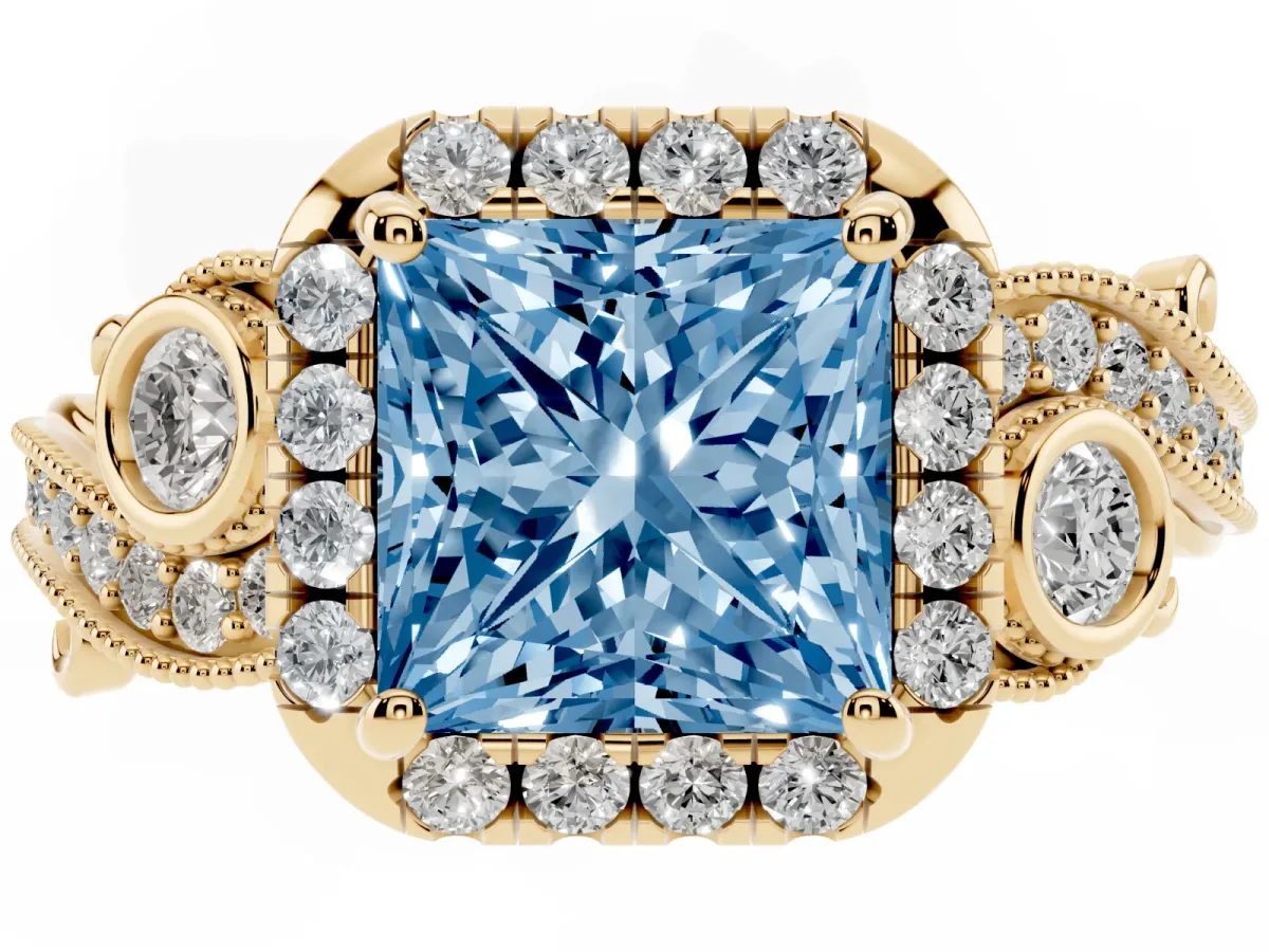 Fancy Blue Princess Cut Diamond Halo Ring with Milgrain Pavé Band and Four-Prong Setting Yellow gold