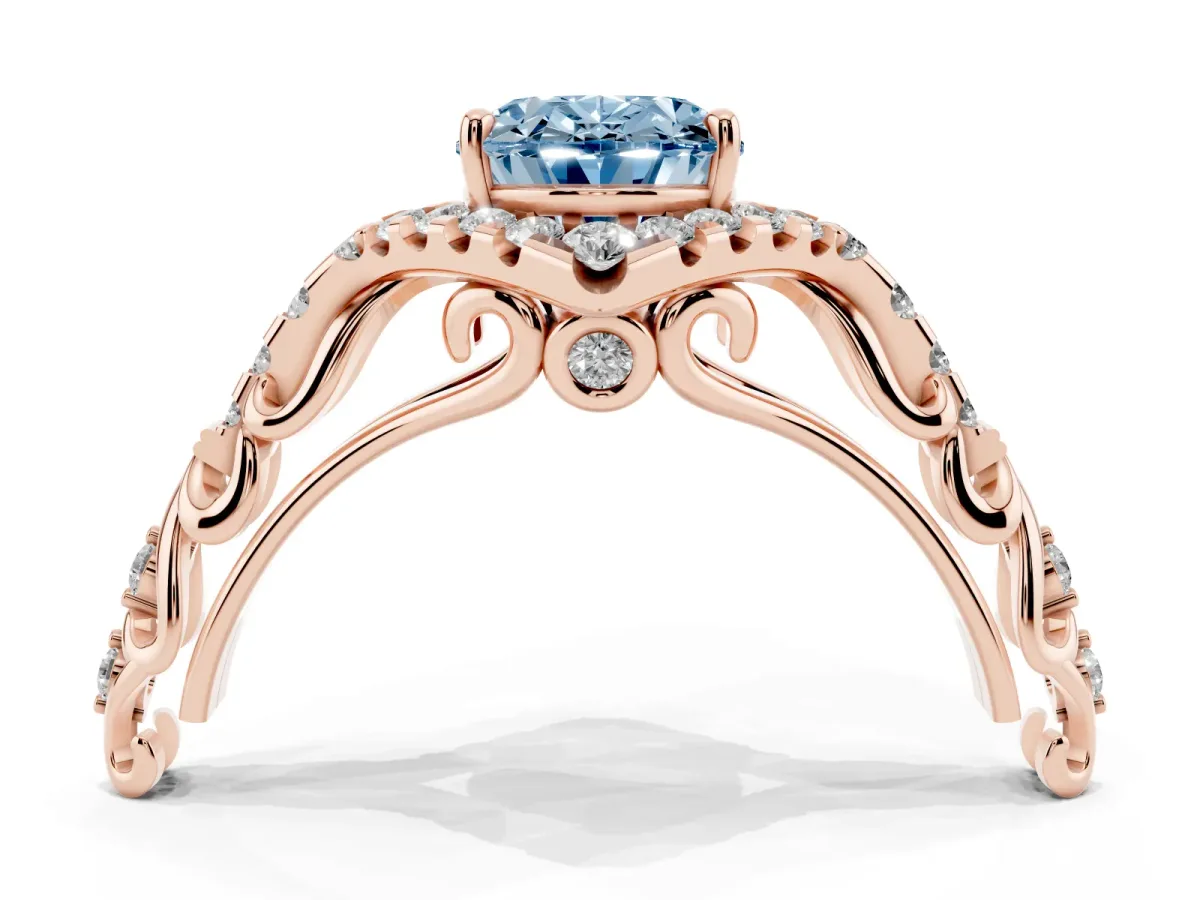 Fancy Blue Oval Cut Diamond Solitaire Ring with Hidden Halo and Pavé Band Rose gold