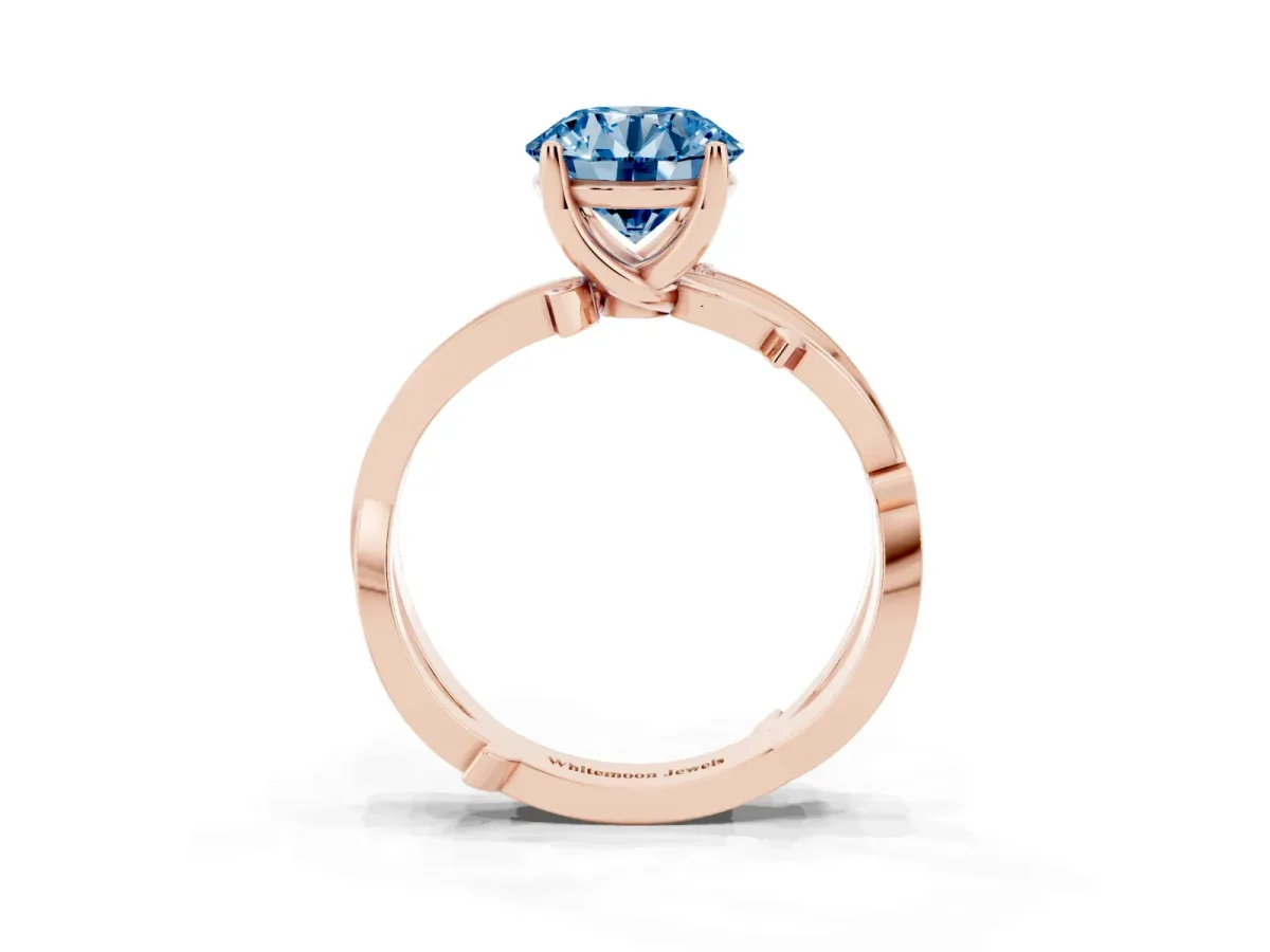 Fancy Blue Round Cut Solitaire Twist Band with Pavé Accents and Four-Prong Setting Rose gold