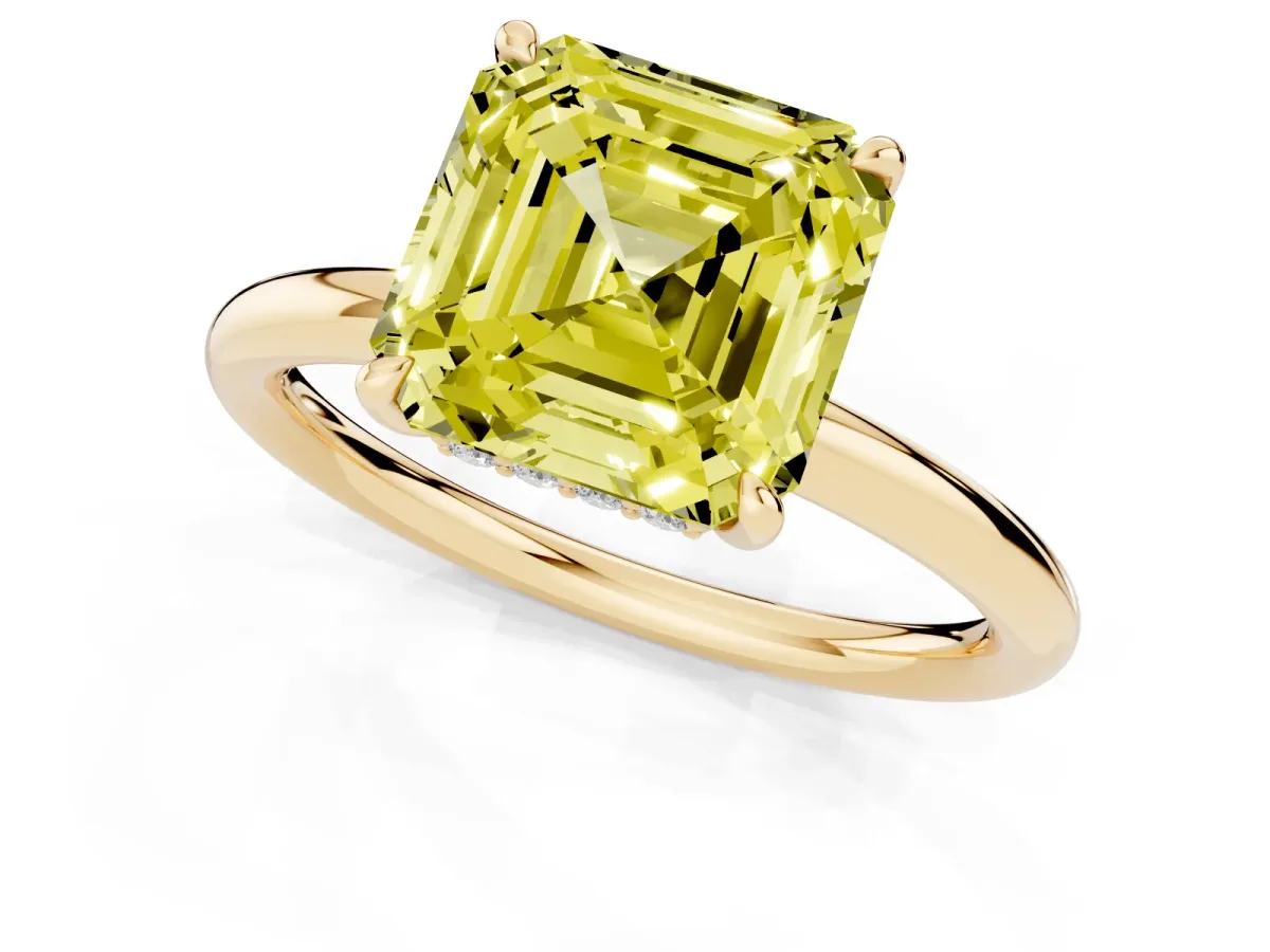 Fancy Yellow Asscher Cut Diamond Solitaire Ring with Thin Band and Four-Prong Setting Yellow gold