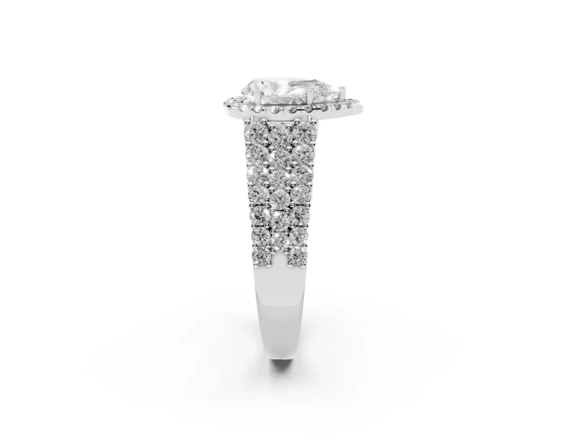 Pear Cut Diamond Halo Engagement Ring with Triple Row Round Pavé Band and Prong Setting Silver