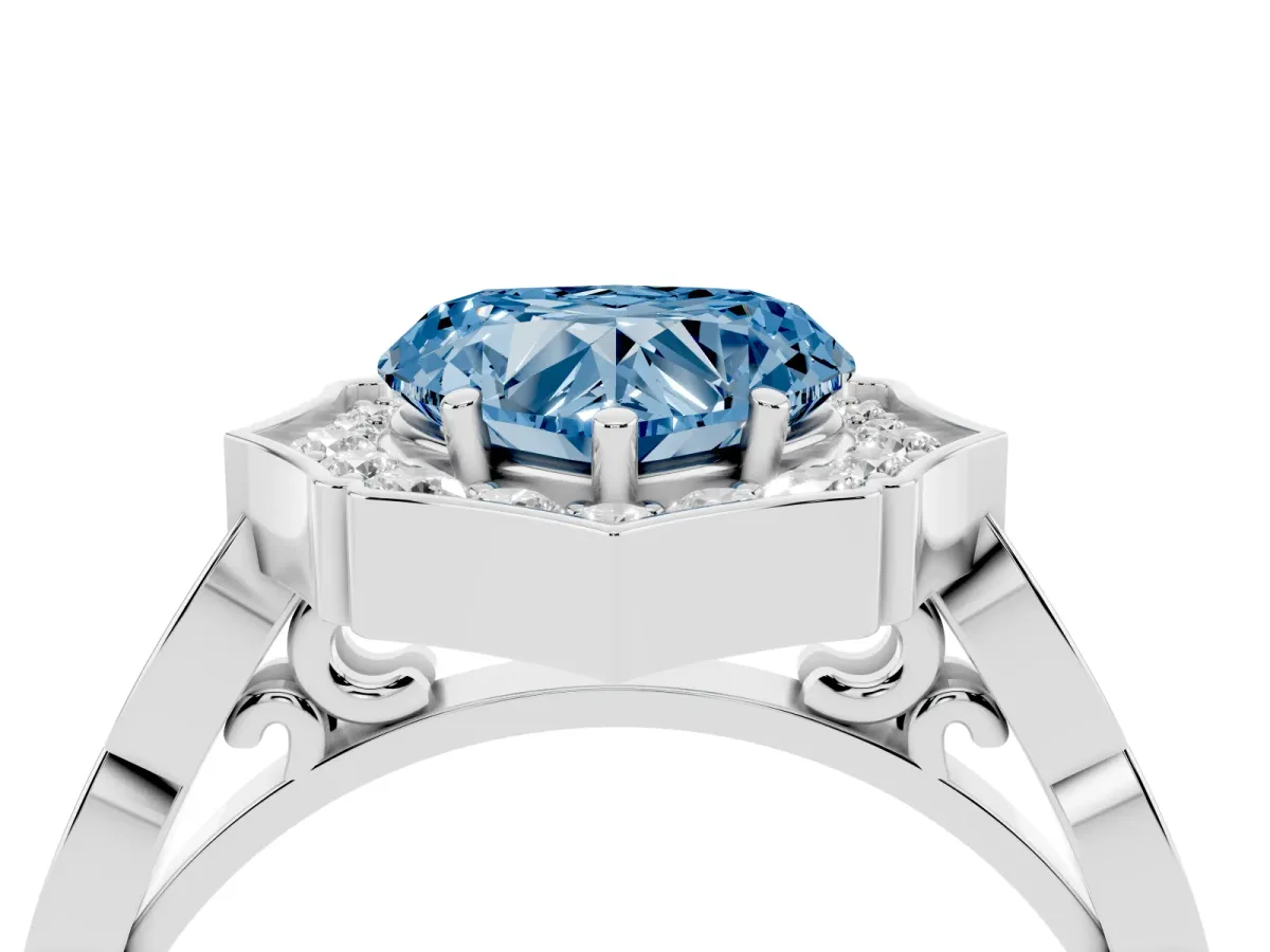 Fancy Blue Heart Cut Halo Diamond Engagement Ring with Milgrain Band and Four-Prong Setting White gold