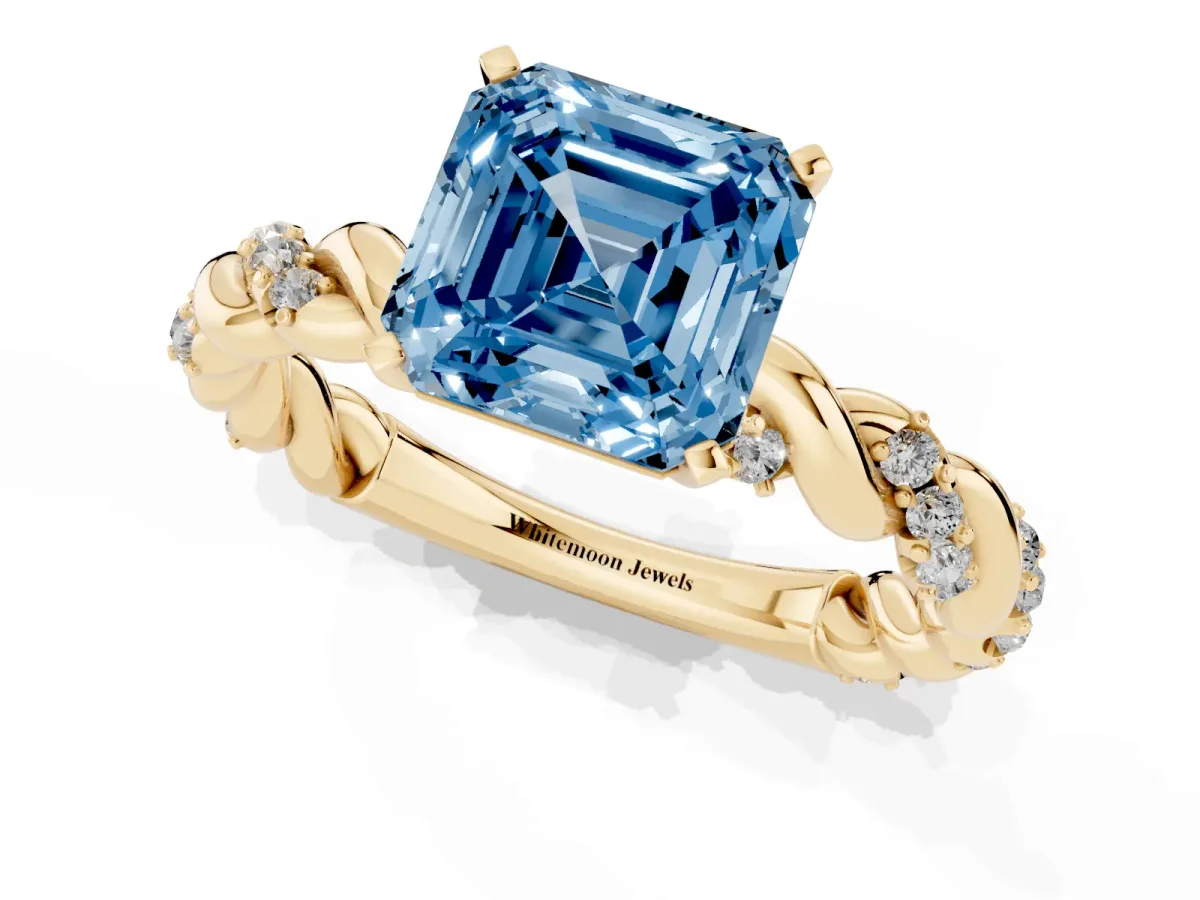 Fancy Blue Asscher Cut Diamond Solitaire Ring with Twisted Band and Pavé Accents Yellow gold