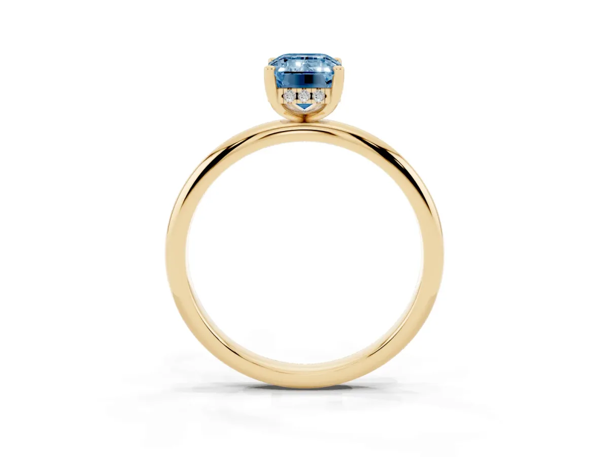 Fancy Blue Emerald Cut Cut Solitaire Engagement Ring with Four-Prong Setting and Classic Band Yellow gold