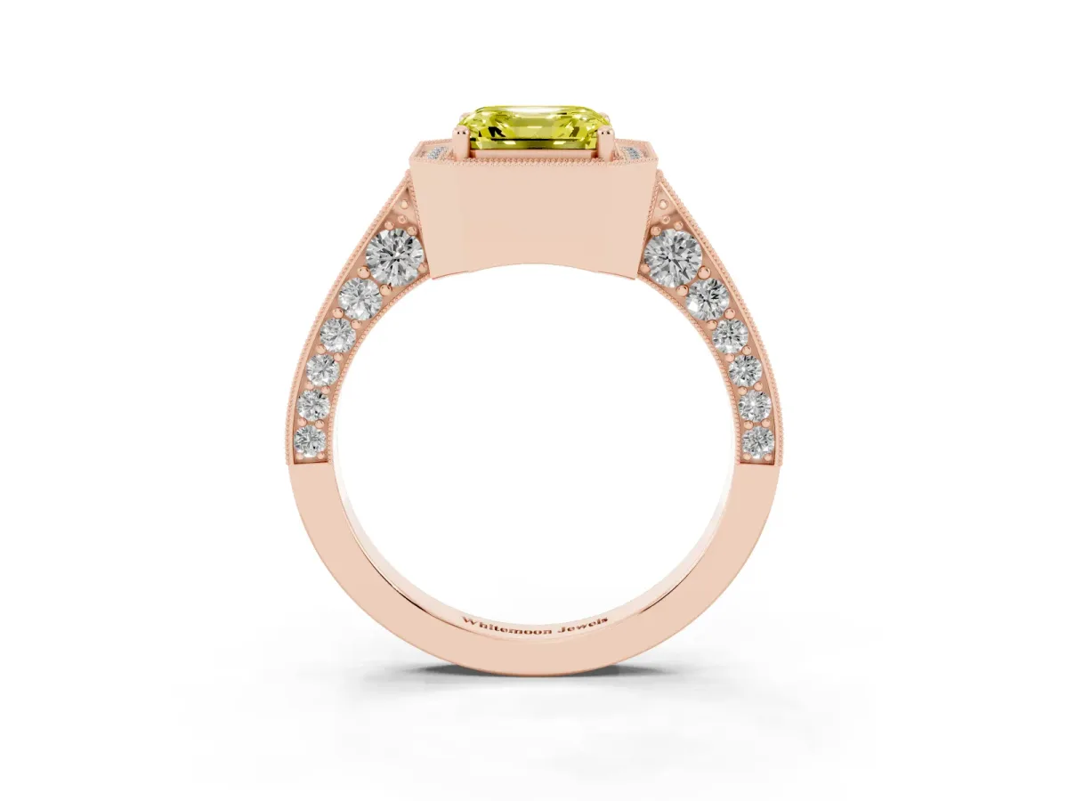 Fancy Yellow Asscher Cut Halo Diamond Engagement Ring with Split Shank Band and Four-Prong Setting Rose gold