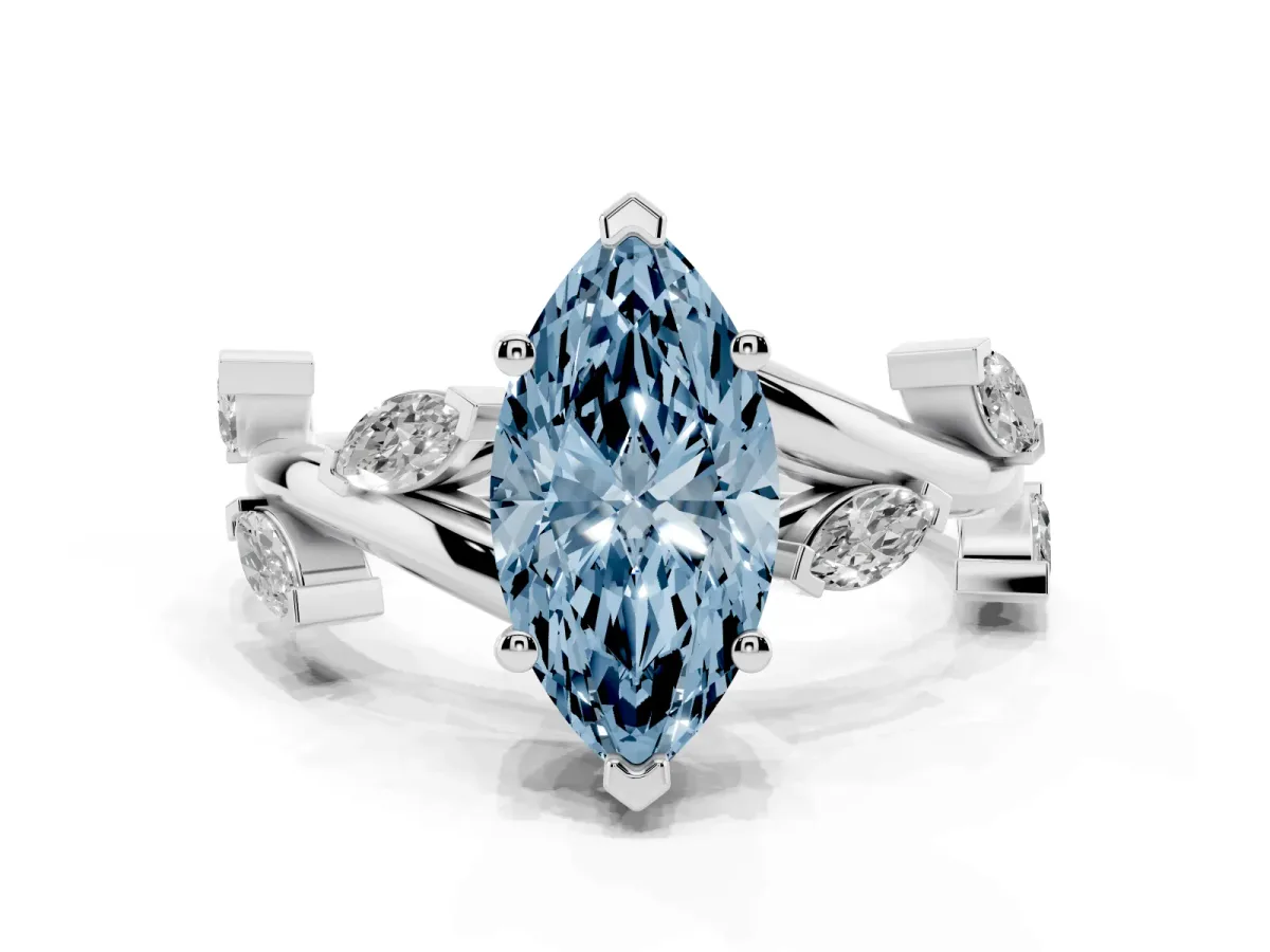 Fancy Blue Marquise Cut Solitaire Twisted Band Marquise Accent Prong Setting Ring Platinum