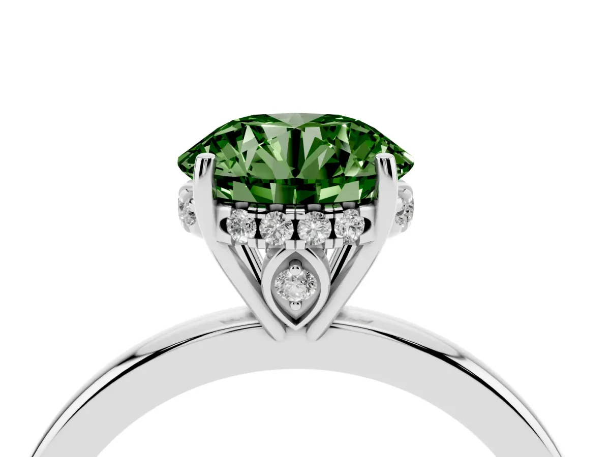 Fancy Green Round Cut Solitaire Diamond Ring with Prong Setting and Plain Band Silver