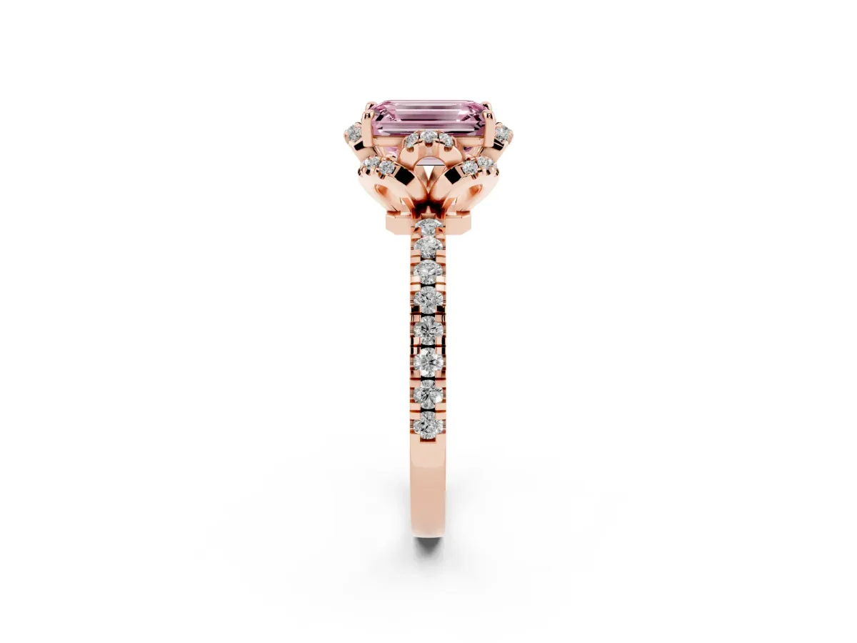 Fancy Pink Emerald Cut Halo Diamond Pave Band Ring with Four-Prong Setting Rose gold