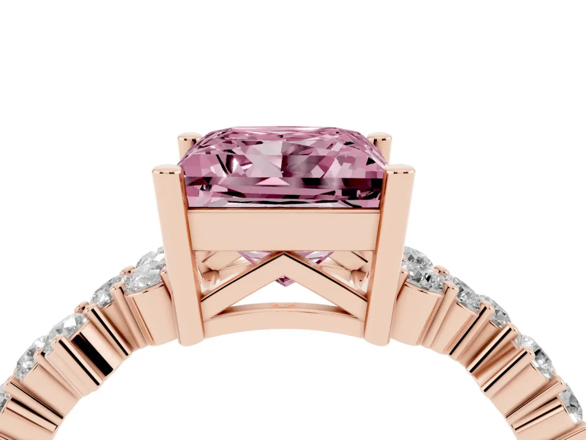 Fancy Pink Princess Cut Diamond Scattered Round Accent Ring with Prong Setting Rose gold
