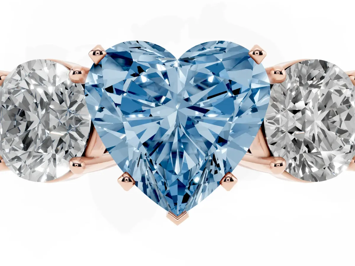 Fancy Blue Three-Stone Heart Cut Diamond Ring with Round Side Stones, Classic Band, and Four-Prong Setting Rose gold