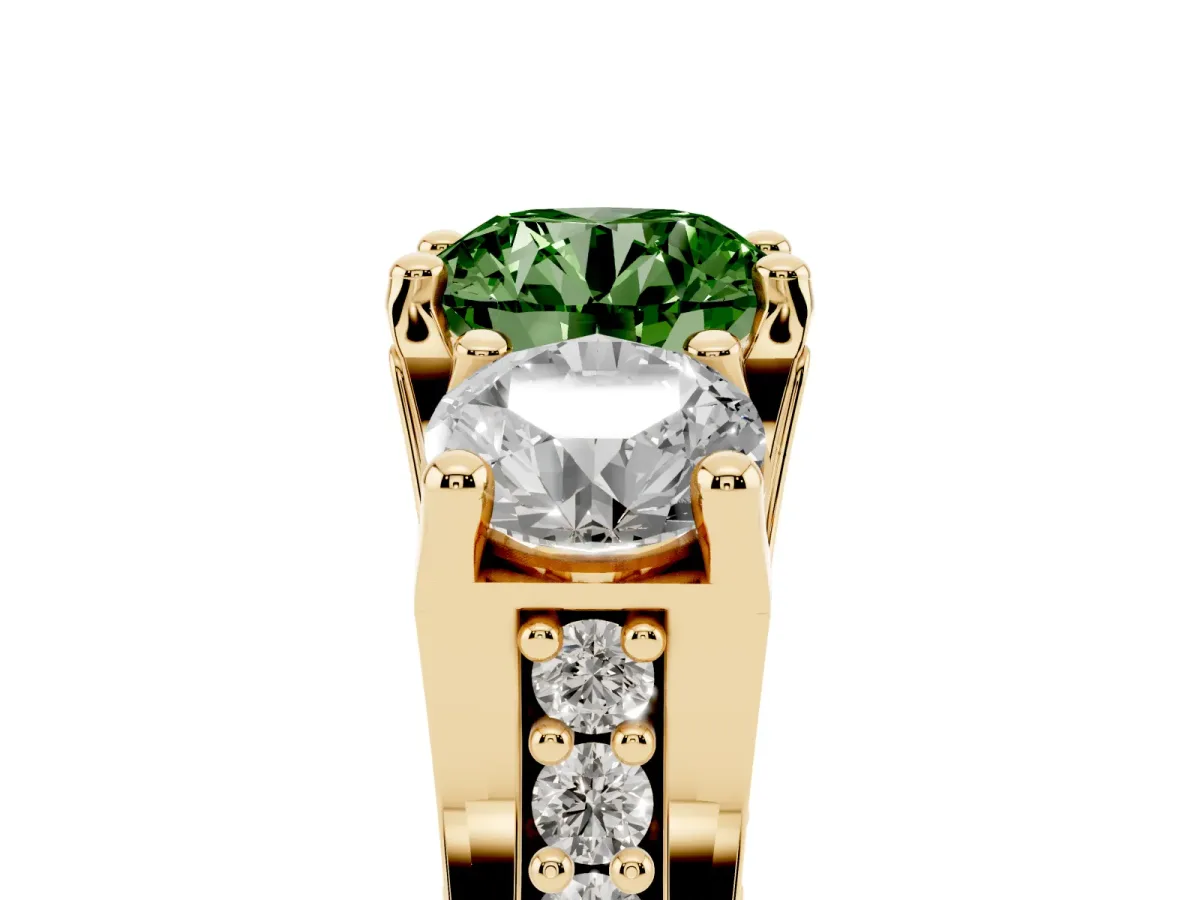 Fancy Green Round Cut Diamond Three-Stone Ring with Channel Set Band and Four-Prong Setting Yellow gold