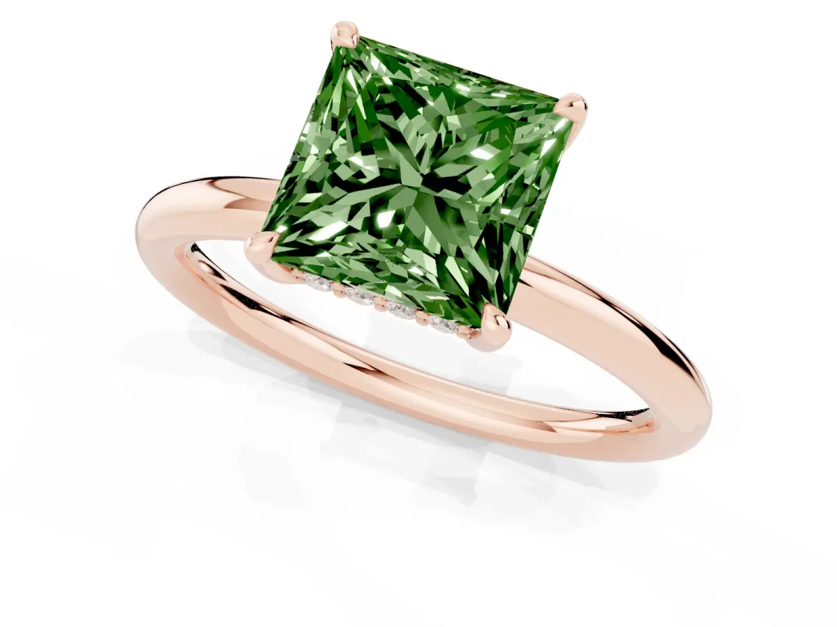 Fancy Green Princess Cut Diamond Solitaire Ring with Thin Band and Four-Prong Setting Rose gold
