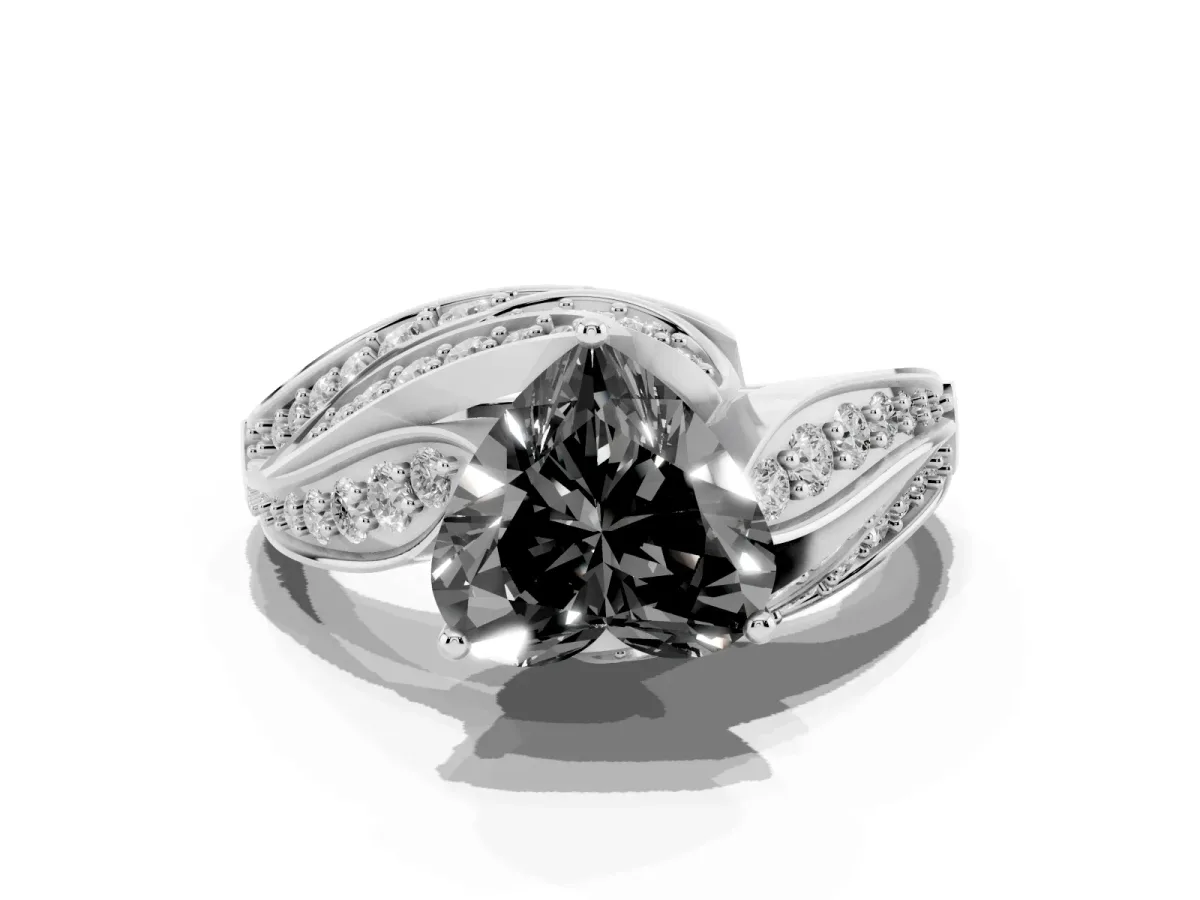 Fancy Black Heart Cut Diamond Solitaire Ring with Prong Setting and Twisted Pavé Band Silver