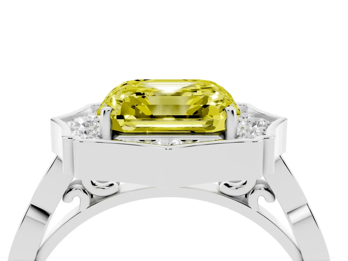 Fancy Yellow Asscher Cut Halo Diamond Engagement Ring with Milgrain Band and Four-Prong Setting Platinum