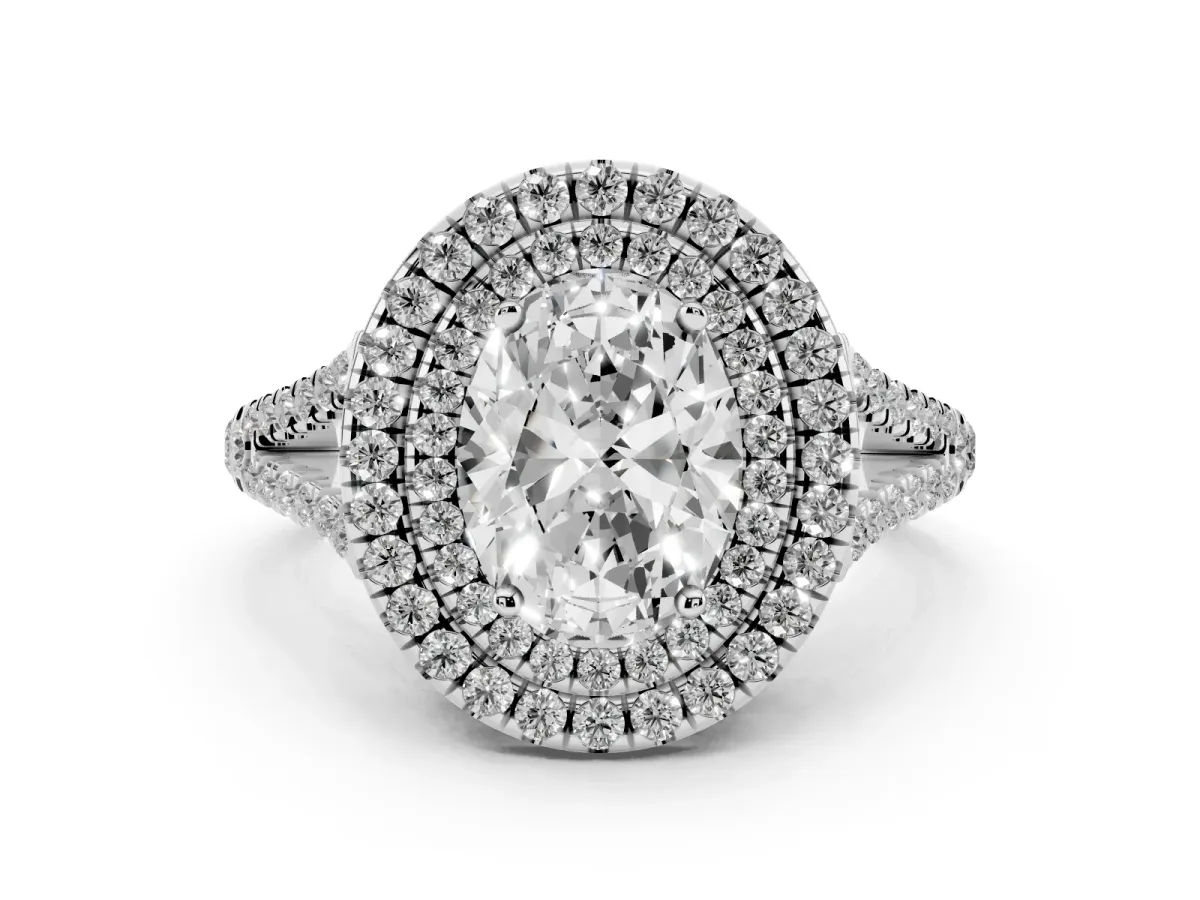 Oval Cut Diamond Double Halo Ring with Pavé Band and Prong Setting Silver