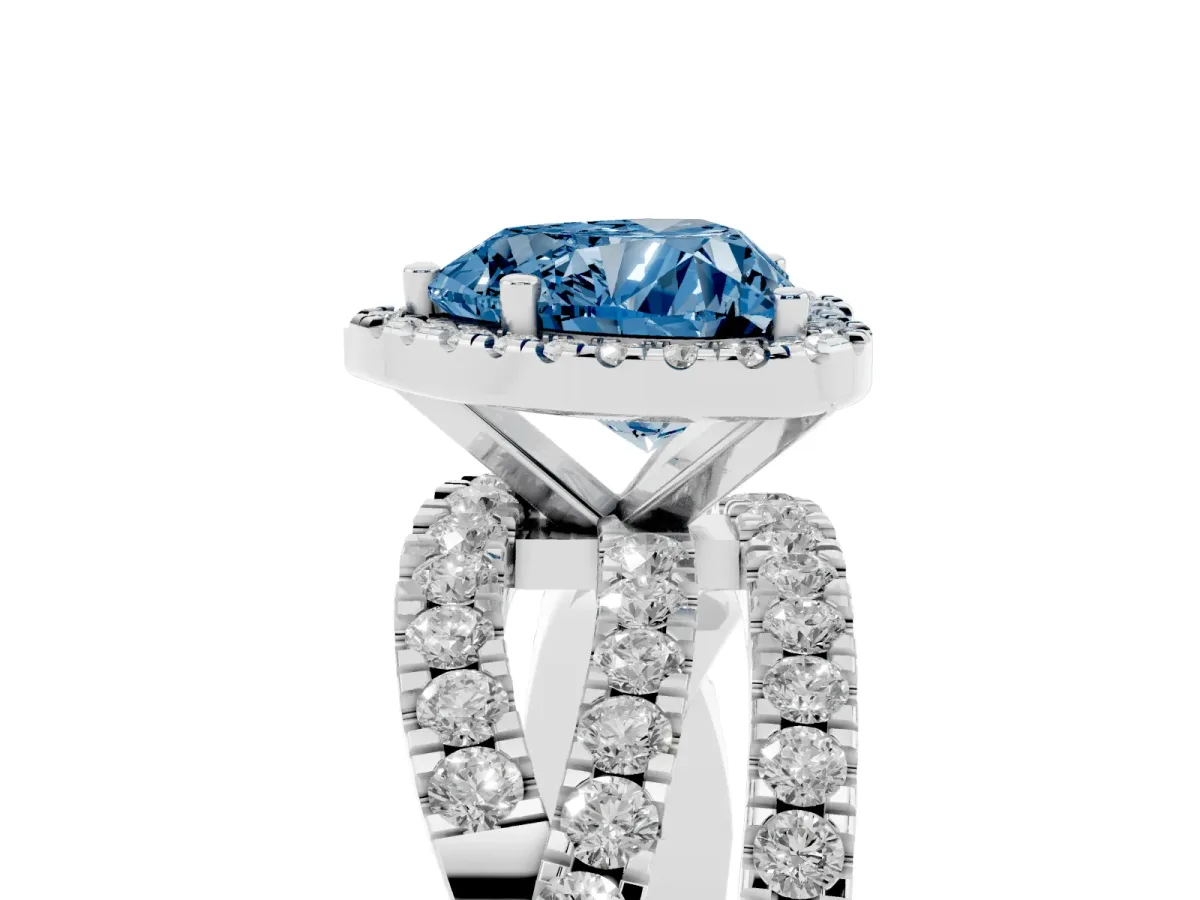 Fancy Blue Heart Cut Diamond Halo Ring with Round Split Shank and Prong Setting Silver
