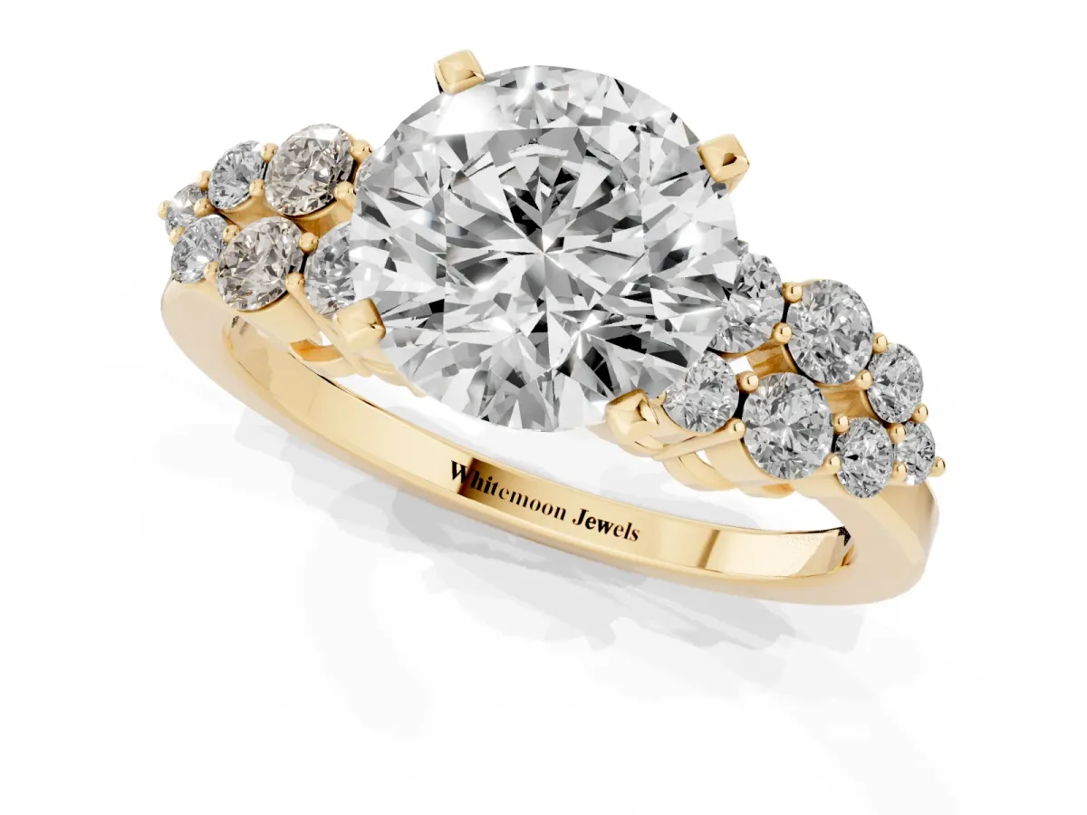 Round Cut Cluster Diamond Engagement Ring with Pavé Band and Four-Prong Setting Yellow gold