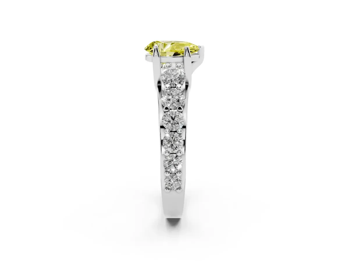 Fancy Yellow Pear Cut Diamond Engagement Ring with Pavé Band and Four-Prong Setting Silver