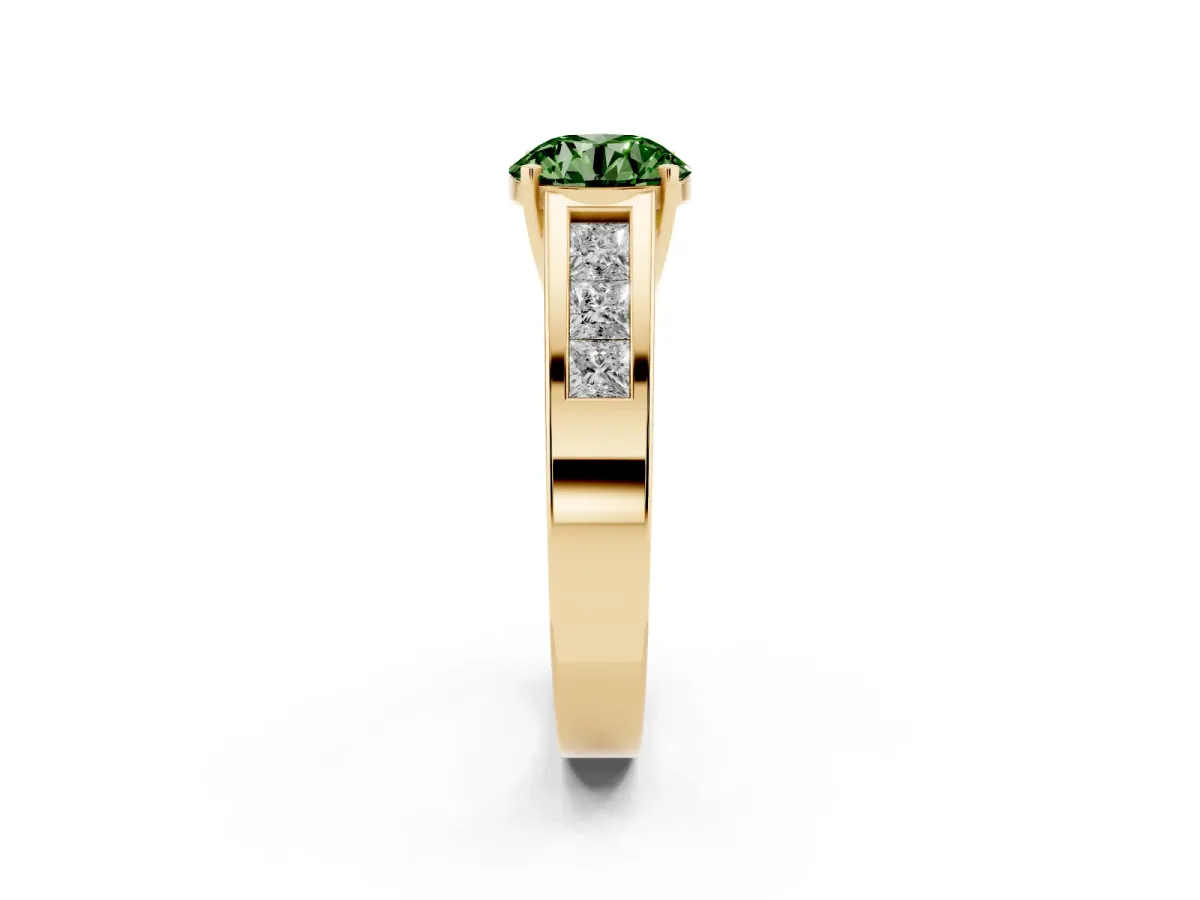 Fancy Green Round Cut Cut Channel Set Solitaire Ring with Four-Prong Setting Yellow gold
