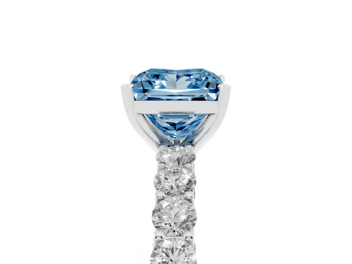Fancy Blue Princess Cut Diamond Solitaire Ring with Shared Prong Pavé Band and Four-Prong Setting Silver