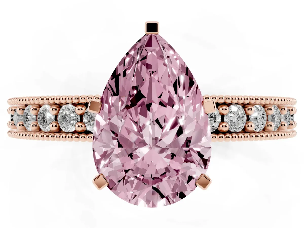Fancy Pink Pear Cut Diamond Milgrain Pavé Engagement Ring with Four-Prong Setting Rose gold