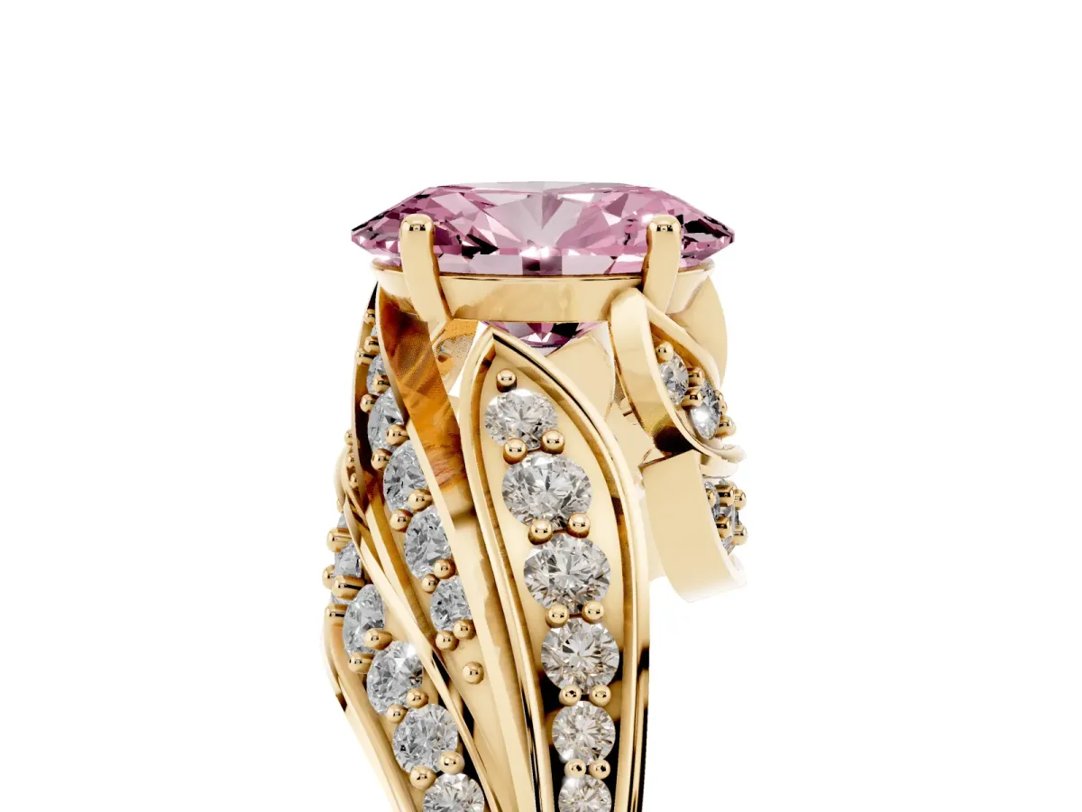 Fancy Pink Oval Cut Diamond Solitaire Ring with Prong Setting and Twisted Pavé Band Yellow gold