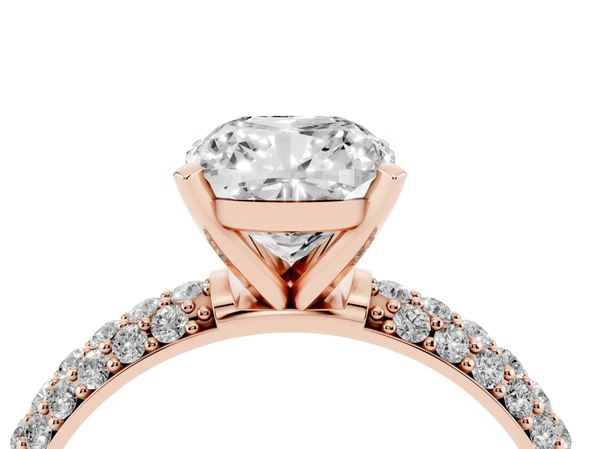 Cushion Cut Diamond Solitaire Ring with Prong Setting and Pavé Band Rose gold