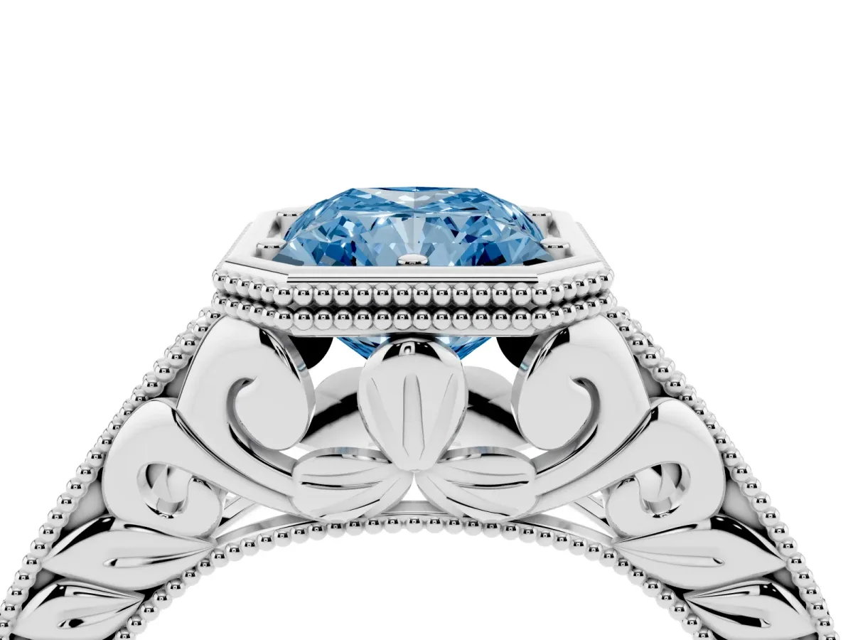 Fancy Blue Bezel Set Radiant Cut Diamond Milgrain Pave Engagement Ring Silver