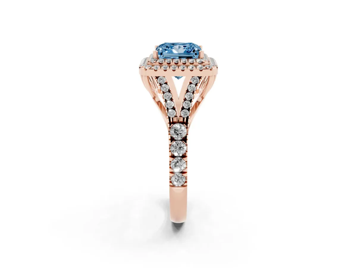 Fancy Blue Princess Cut Diamond Double Halo Ring with Split Shank and Prong Setting Rose gold