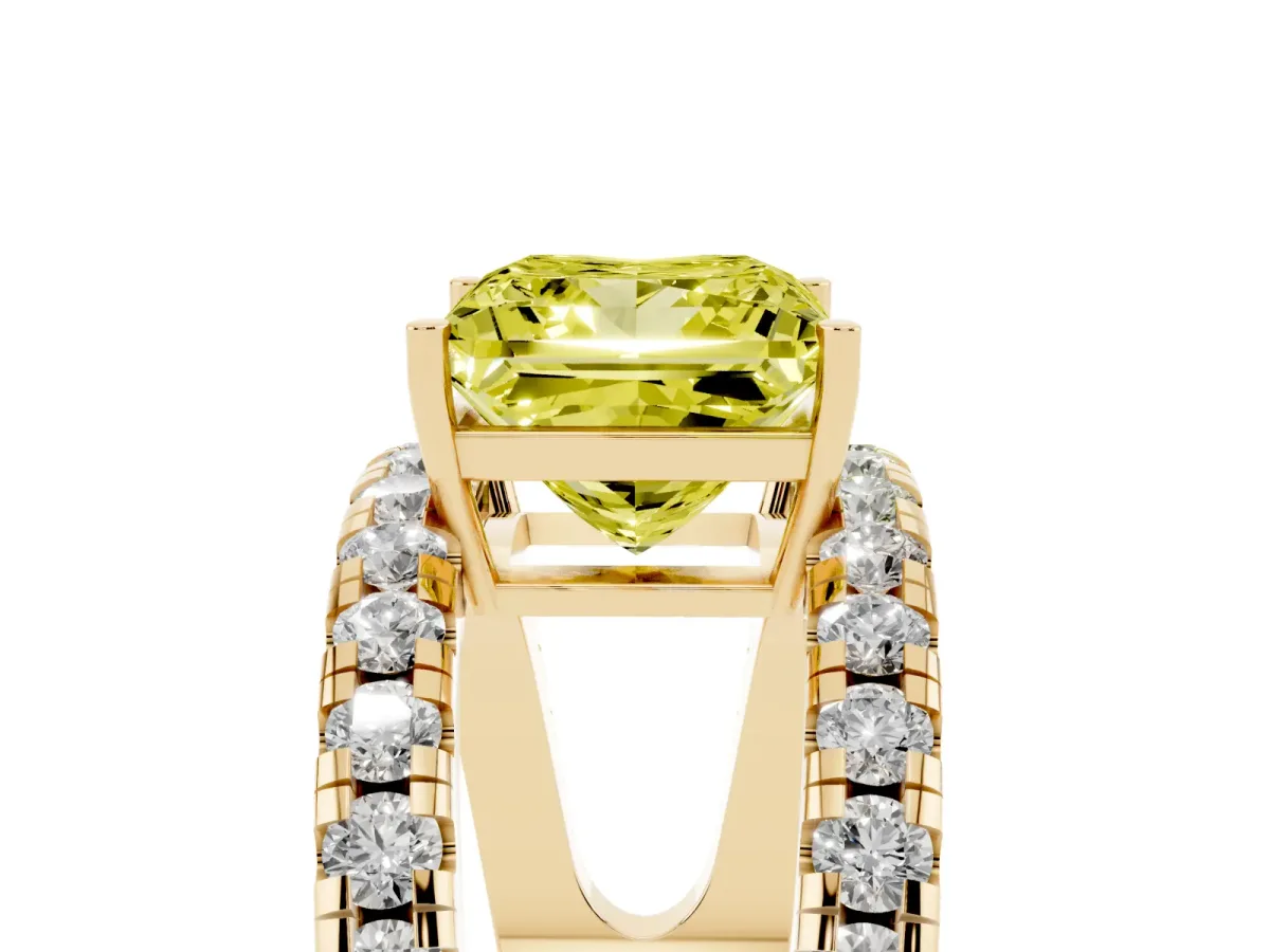 Fancy Yellow Princess Cut Solitaire Split Shank Pave Diamond Ring Yellow gold