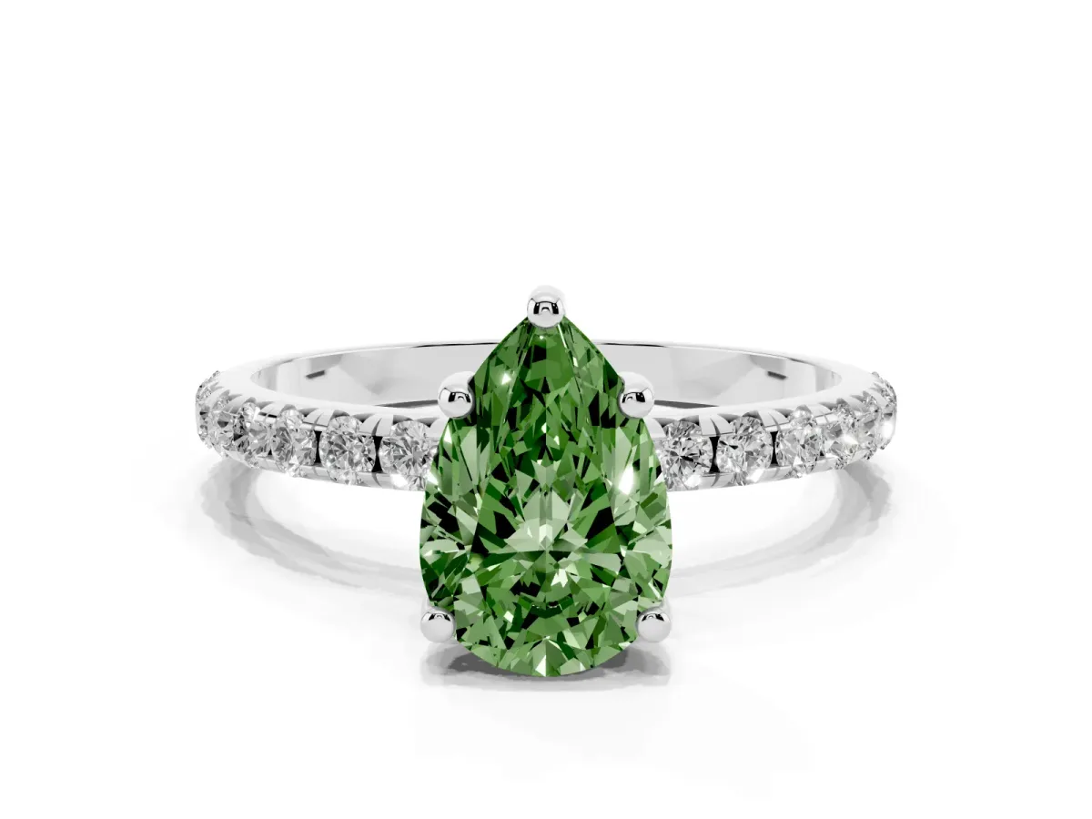 Fancy Green Pear Cut Cut Diamond Solitaire Ring with Micro Pave Band and Four Prong Setting Silver